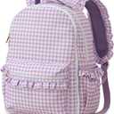 DYSHAYEN Kids Backpack for Girls, 15" Ruffled Backpack for School Kindergarten Bookbag 5-8, Fully Opened Compartment (Purple Gingham)