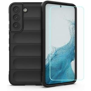 JDYGWK Case for Samsung S22 Galaxy S22 with Tempered Glass Film,Soft Silicone,FlockingLined Interior,Air Cushion 360° Shockproof,Protective Phone Cover for Samsung Galaxy S22,Black
