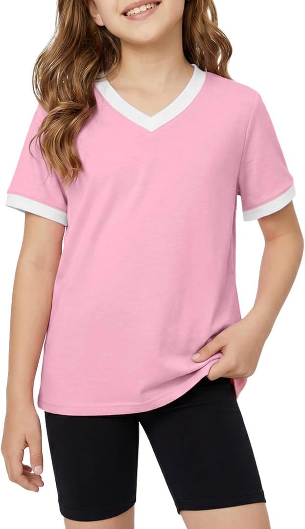 Poroka Girls Short Sleeve Shirt V-Neck Tee with Ribbed Trim Plain T-Shirts Soft Fashion Summer Tops for Girls, 7-14 Years