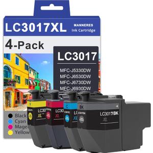 LC3017 XL Ink (BK/C/M/Y) High Yield Color Ink Cartridges 4-Pack(1 Each LC3017BK, LC3017C, LC3017M, LC3017Y)-Replacement for Brother LC3017 Ink Cartridge for MFC-J5330DW MFC-J6530DW MFC-J6930DW Printer