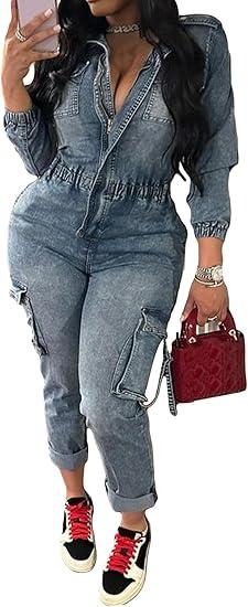Tbahhir Denim Overalls for Women Cargo V Neck Long Sleeve Tunic Jumpsuits Slim Fit Long Jean Romper with Pockets XXL