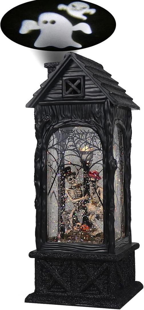 DRomance Halloween Snow Globe Projection Lantern with 6 Hour Timer, 3 AA Batteries Operated & USB Powered Skeleton Lighted Water Lantern Glittering Halloween Decor Gift, 10.7 Inch Tall