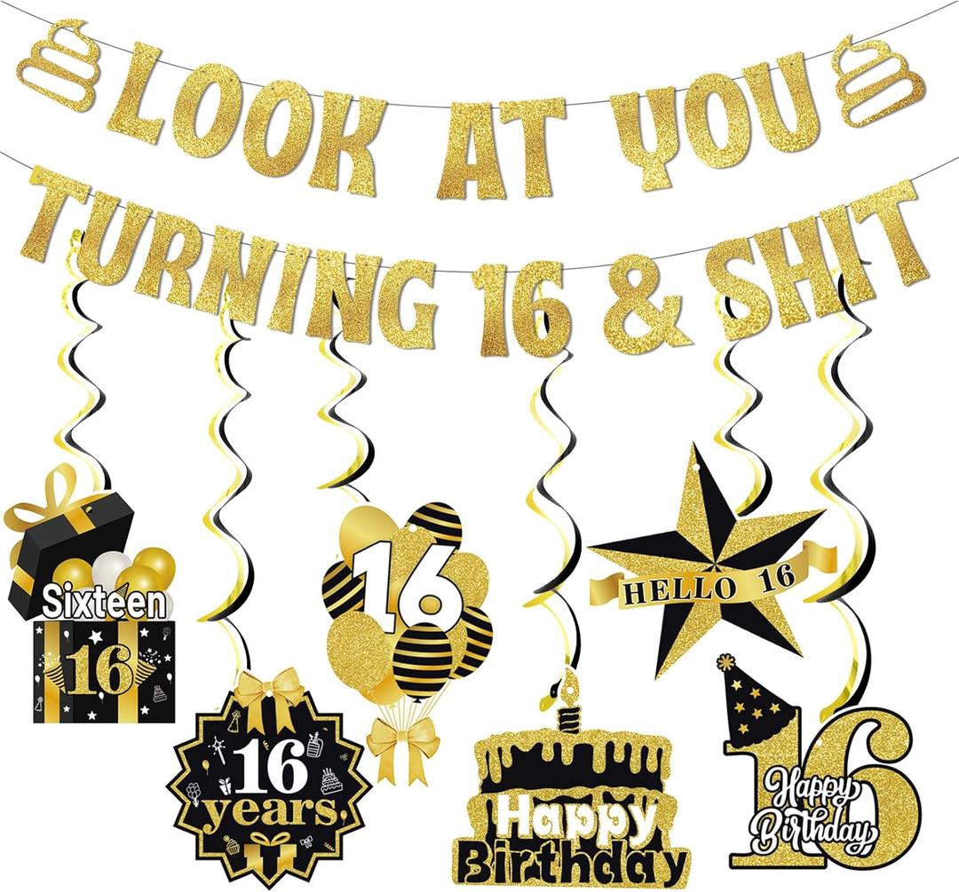 2 x Look at You Turning 16 Banner, Sweet 16 Party Decorations, Happy 16th Birthday Banner, 16th Birthday Decorations For Girl, Gold Glitter