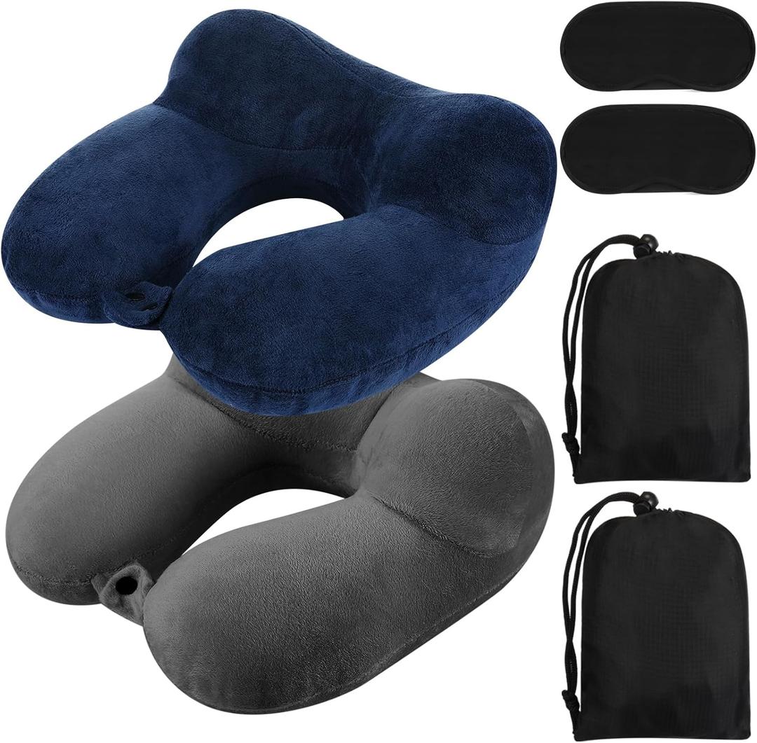 Sintuff 2 Pack Inflatable Travel Pillow for Airplanes Inflatable Neck Flight Pillows with Compact Bag and Blindfold for Traveling, Airplane, Train, Car, Office(Blue and Dark Gray)