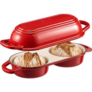 Enameled Cast Iron Bread Loaf Pan with Lid,Double Sourdough Baking Pan(Red)