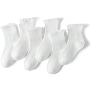 Baby Girls Ruffle Socks Toddler Girls Frilly Dress Crew Socks for 6-12 Months 1-3 Years 3-5 Years 6 Pack (White 6 Pairs)