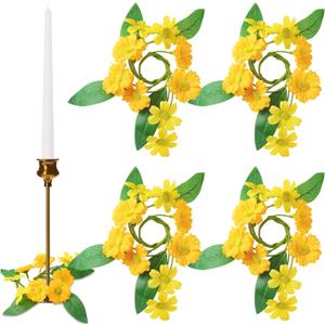 2 x Suncalla 4 Pcs 1.25'' Mini Spring Taper Candle Ring Mini Yellow Daisy Candle Rings for Tapers Small Artificial Flower Candles Holder Wreath for Spring Table Centerpiece Home Party