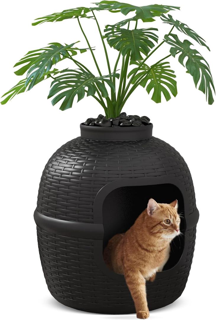 Hidden Litter Box with Faux Plant, Large Cat Litter Box with Rattan Pattern, Heavy Duty PP Material Litter Box Enclosure Furniture for Home Decor, Black
