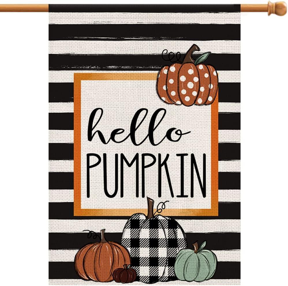 Fall House Flag Hello Pumpkin Sign 28x40 Inch Double Sided Autumn Farmhouse Seasonal Yard Outdoor Thanksgiving Decor DF082-28