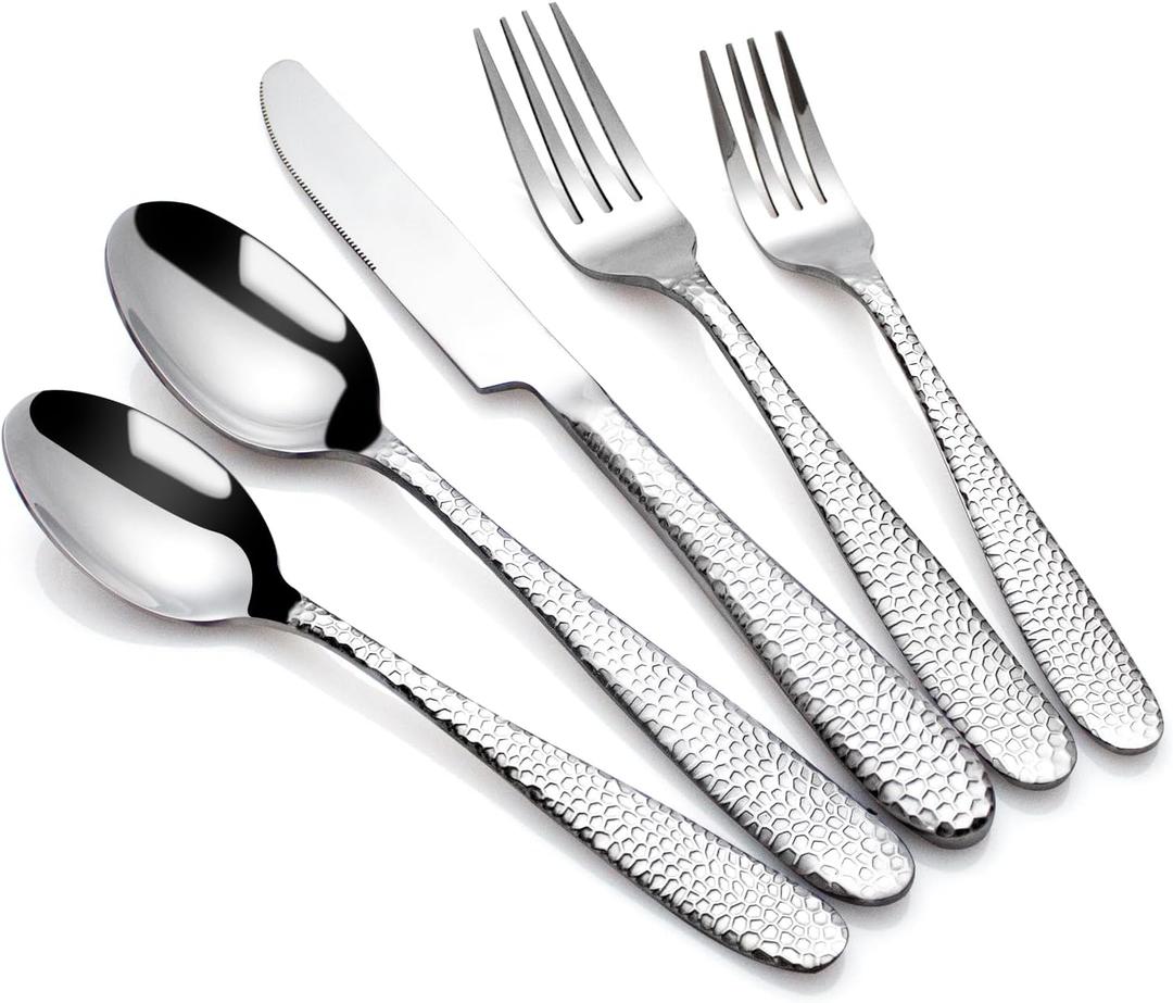 Hammered Silverware Set, CITESANA 20-Piece Heavy Duty Mirror Polished Stainless Steel Flatware Set Cutlery Set Flatware Service for 4