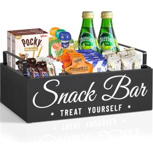 Unistyle Wood Pantry Storage Bins with Handles, Snack Organizer for Countertop, 4 Compartment Food Container Snack Box, Black