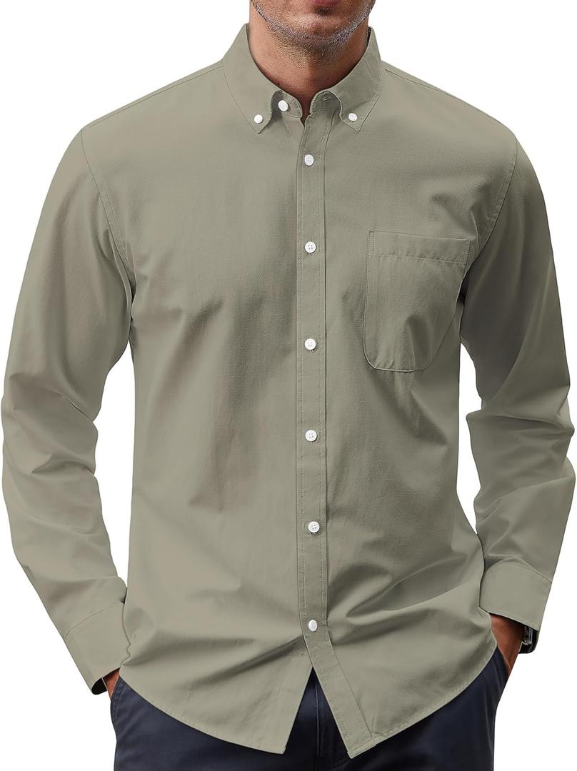J.VER Men's Oxford Shirt Solid Casual Button Down Collar Shirts Long Sleeve Dress Shirts with Pocket (Large, Light Olive Green)