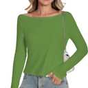 Long Sleeve Shirts for Women Ribbded Tees Boat Neck Basic Tops Fall Clothes (Green, S)
