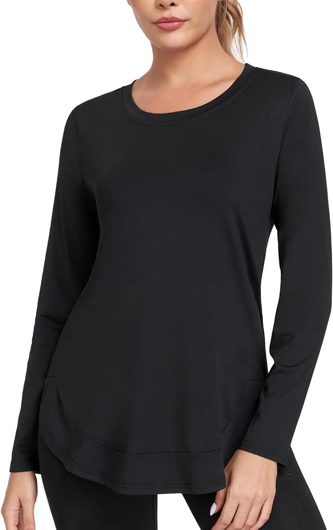 Absttith Women's Long Sleeve Workout Shirts Running Yoga Tops Athletic Sport Tee Side Split (Back 01)