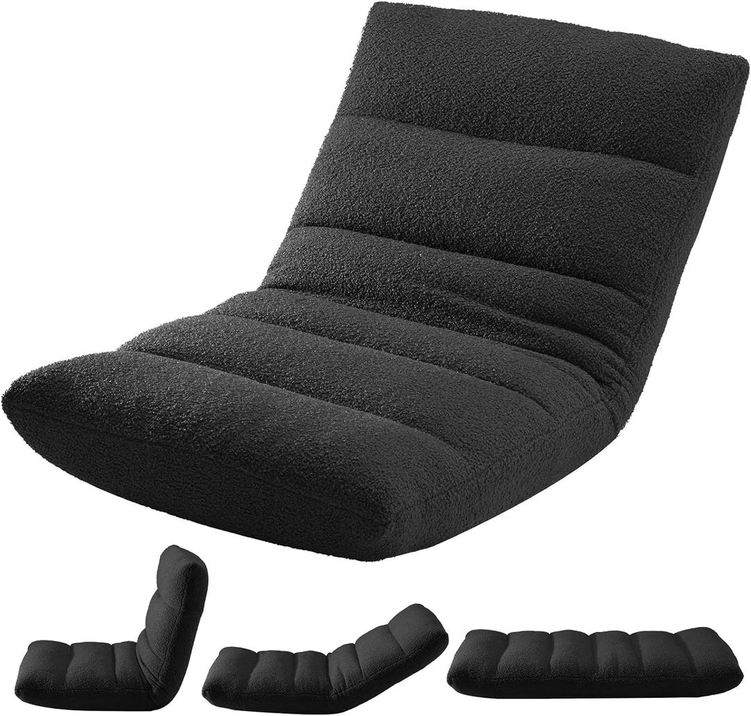DUMOS Folding Floor Chair, 14-Position Adjustable Backrest Floor Seating
5.9'' Thick Cushion Floor Seat with Teddy Velvet and Steel Frame for Adults, Kids, Reading, Meditation, Viedo Game, Black