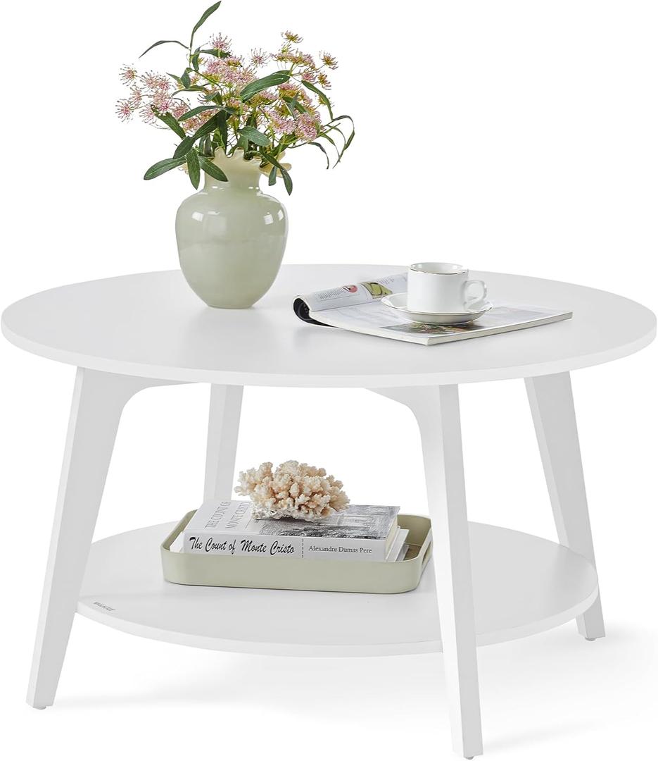 VASAGLE Round Coffee Table, 2 Tier Coffee Table with Storage, for Living Room, 31.5 x 17.7 Inches, Easy to Assemble, Snow White ULCT243W14