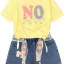 Peacolate 4-10Years Summer Little&Big Girls 2pcs Clothing Set Short Sleeve T Shirt and Denim Shorts (Yellow)
