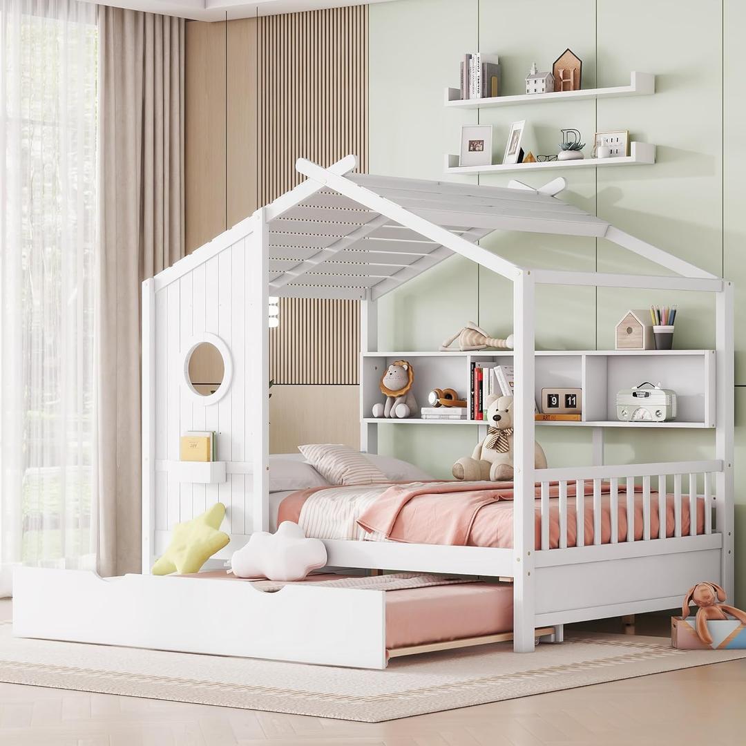 Full Size House Bed with Trundle, Wooden Kids Bed Frame with Storage Shelves, Full Montessori Bed with Roof and Window Design for Girls Boys (White-WW)
