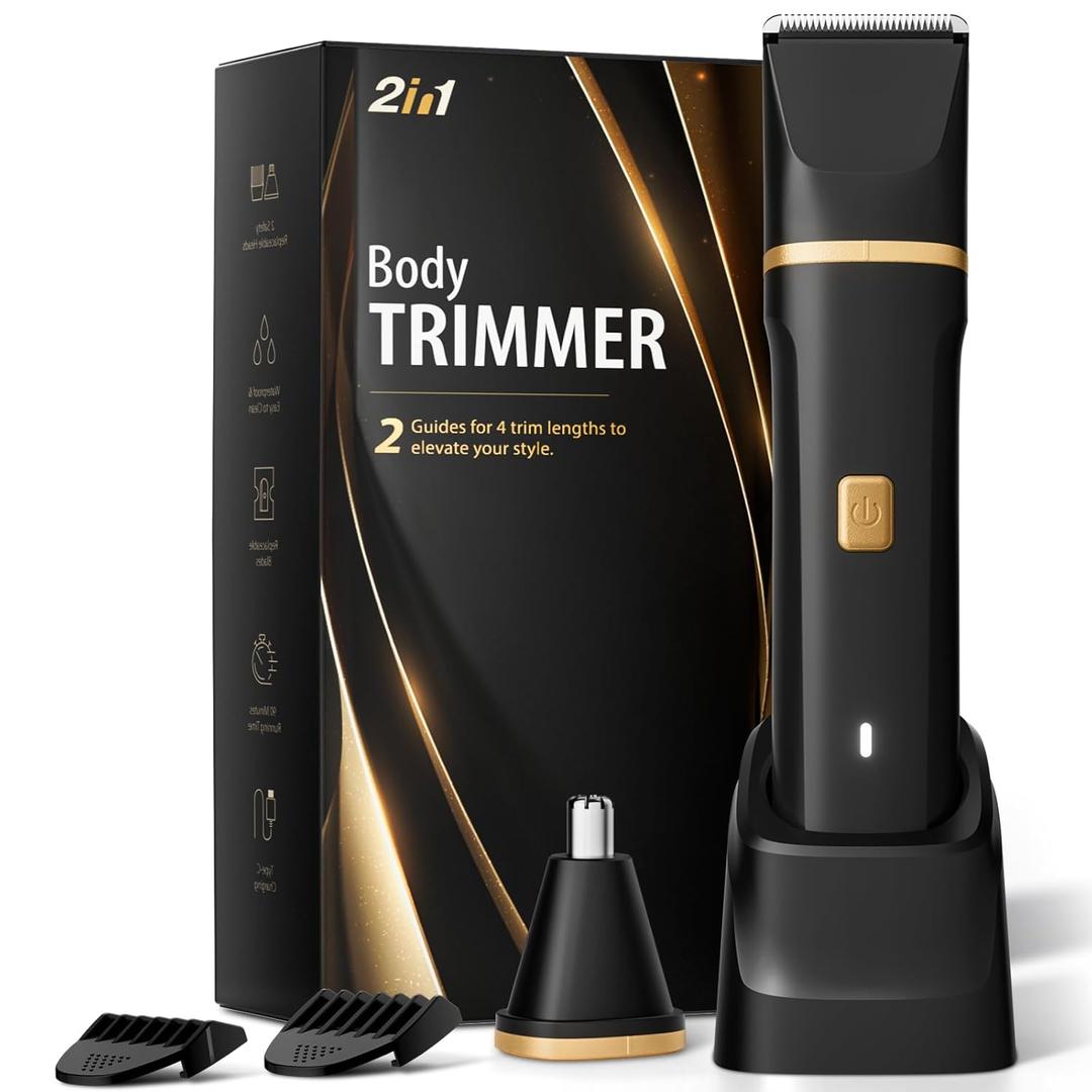 Electric Body Trimmer for Men, IPX7 Waterproof Groin and Pubic Hair Shaver, 2 in 1 Dual Head Grooming Kit for Beard Nose Ear, Cordless Rechargeable with Charging Dock, Ceramic Blades, Painless Trim (Black)