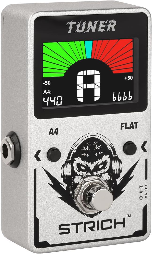 STRICH Tuner Pedal, Silver, Compact with Large Color Screen - Precision Chromatic Drop Tuning, 430-450Hz A4, True Bypass for Electric Guitar & Bass