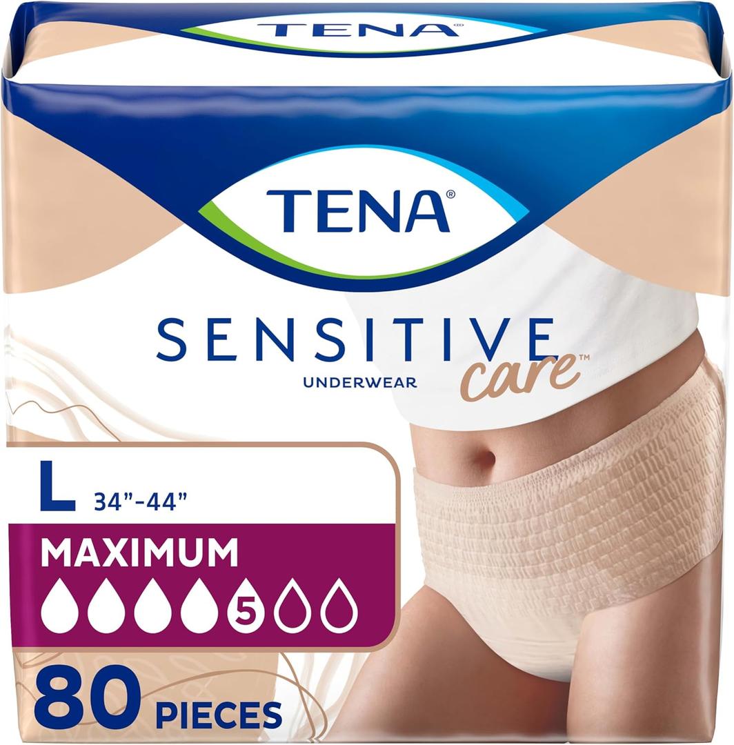 Tena Sensitive Care Incontinence Underwear for Women, Maximum Absorbency, Adult Diapers, Large (Waist Sizes 34in-44in), 80 Count (4 Packs of 20)