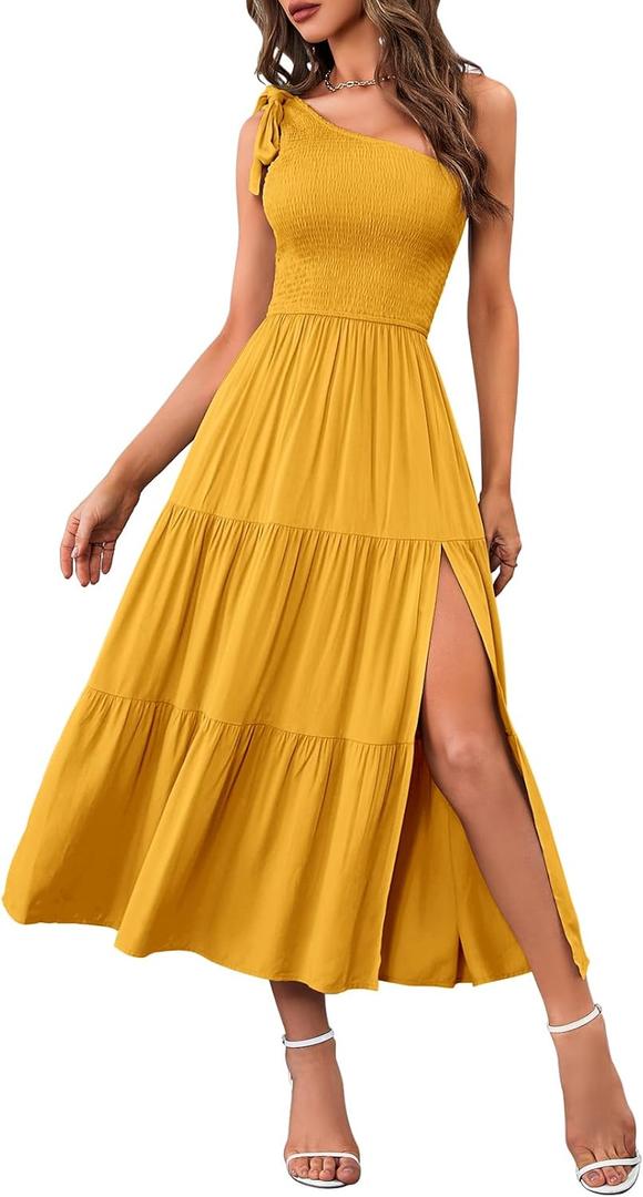 MEROKEETY Women's 2026 Summer Sleeveless Midi Dress One Shoulder Knot Smocked Split Formal Cocktail Wedding Guest Dresses, Medium