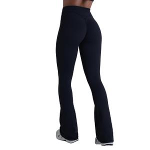 Sunzel Hidden Butt Lifting Scrunch Flare Leggings for Women with Pockets No Front Seam Tummy Control Mini Flared Yoga Pants 34" Inseam Black Medium