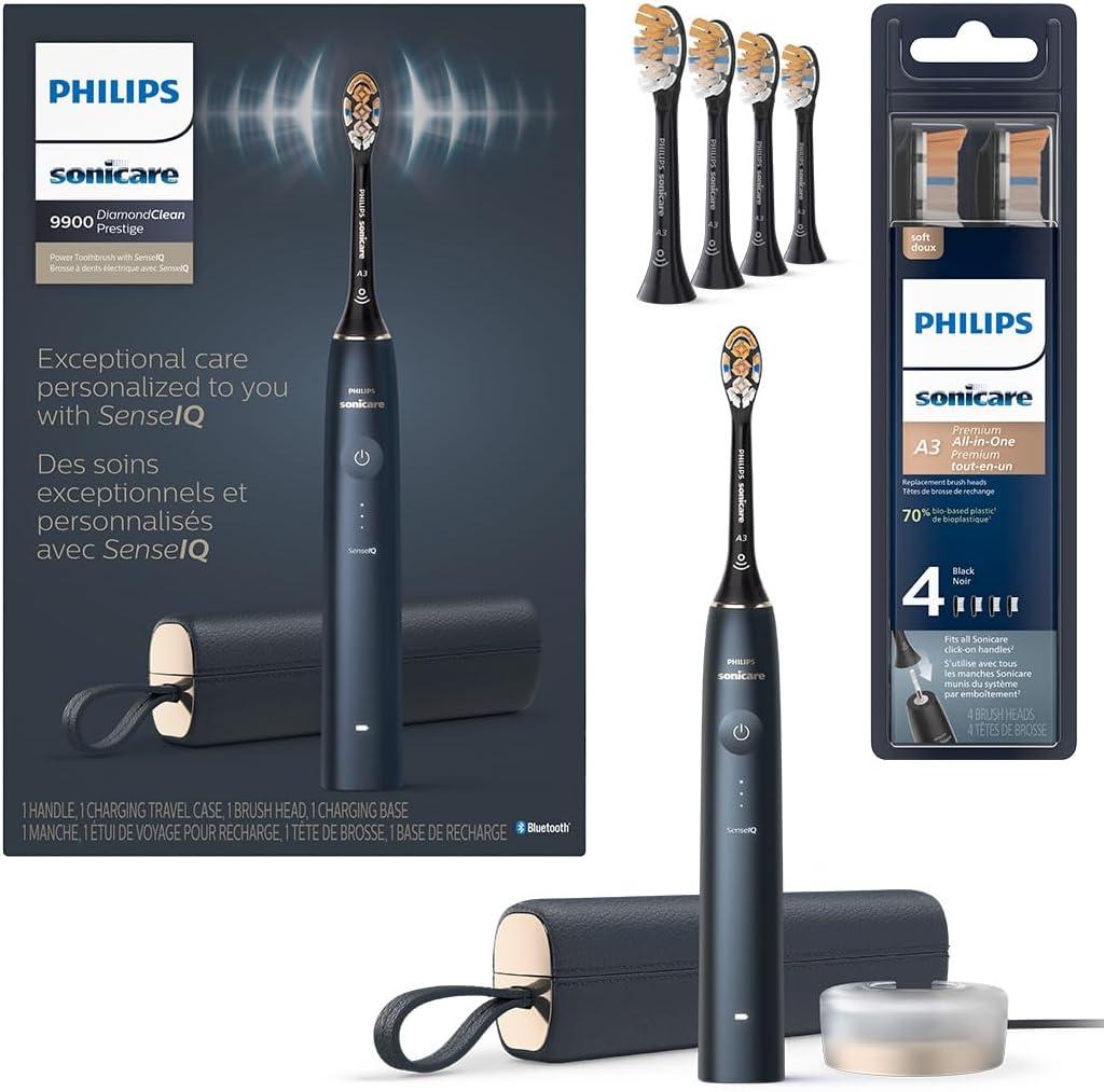 Philips Sonicare DiamondClean Prestige 9900 Rechargeable Electric Toothbrush with SenseIQ, 5 Premium All-in-One Brush Heads, Plaque Removal, Gum Care, Whitening, Midnight, BD9002AZ (1 Count (Pack of 1))