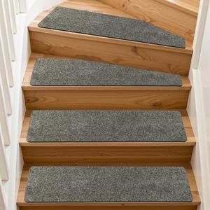 PURE ERA Cuttable Carpet Stair Treads 30 x 8 Inch Non Slip Stair Carpet Treads Trimable for Wooden Steps Indoor Peel and Stick Stair Protector Wahsable Reusable(14 Pieces, Light Gray)