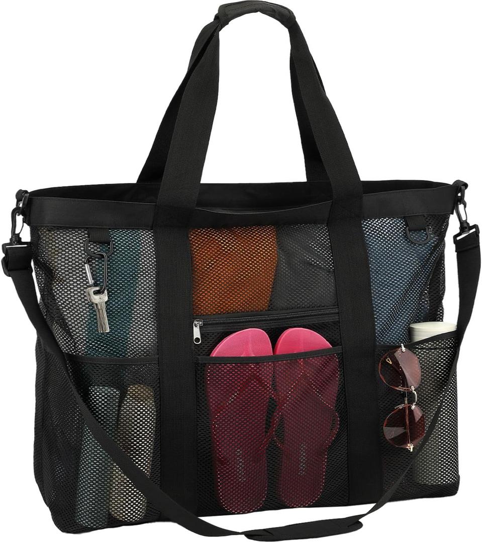 Mesh Beach Bag - Large Beach Tote Bag with Multiple Pockets for Family Beach Bag for Toys & Vacation Essentials (Extra Large - Black)