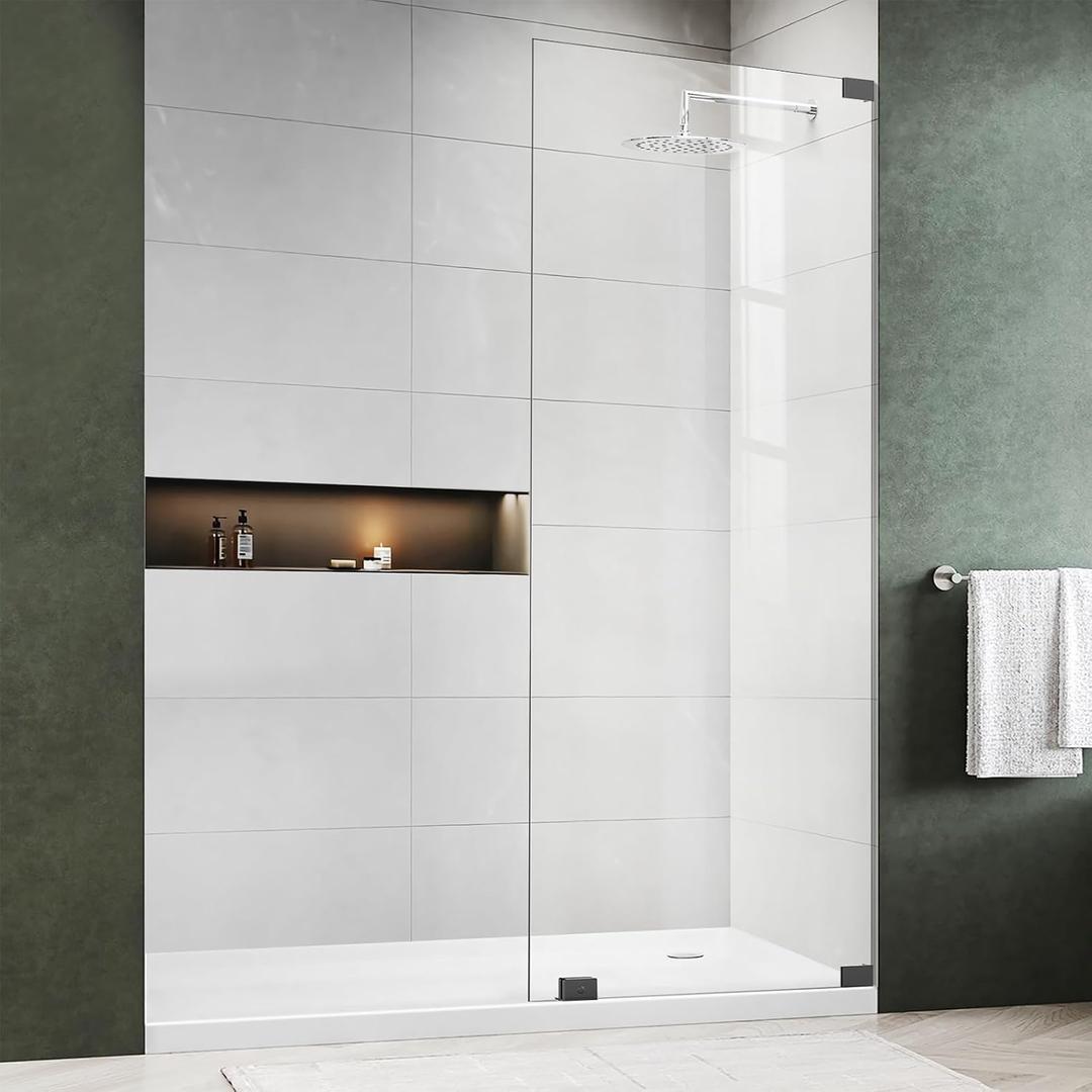 Shower Glass Door, 24" W x 76" H Framless Bathroom Glass Shower Door Screen in Matte Black 5/16"(8mm) Clear Tempered Glass with Fixed Clamps Simple Single Panel for Bathroom