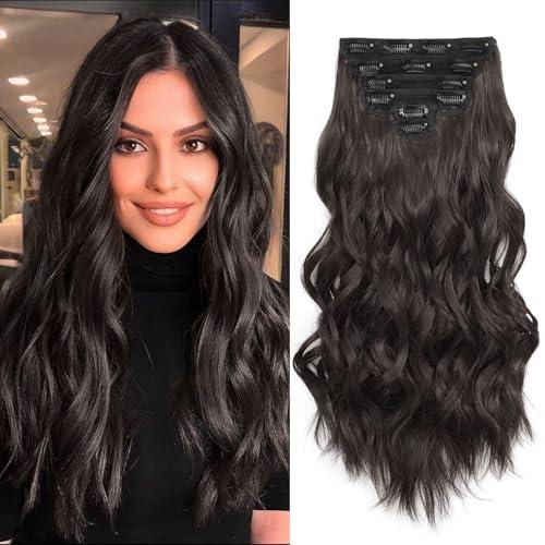 Fliace Synthetic Clip in Hair Extensions, 6 PCS Natural & Soft Hair & Blends Well Hair Extensions, Dark Brown Long Wavy Hairpieces(20inch, 6pcs, Dark Brown)