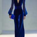 Wuitrie Formal Jumpsuits for Women Long Sleeve V-Neck Slim-Waist Wide-Leg Velvet Jumpsuit Elegant Party Outfits, Large