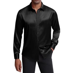 J.VER Men's Silk Satin Long Sleeve Dress Shirts Shiny Casual Button Down Shirt Luxury Party Prom Shirts (XL, Black)