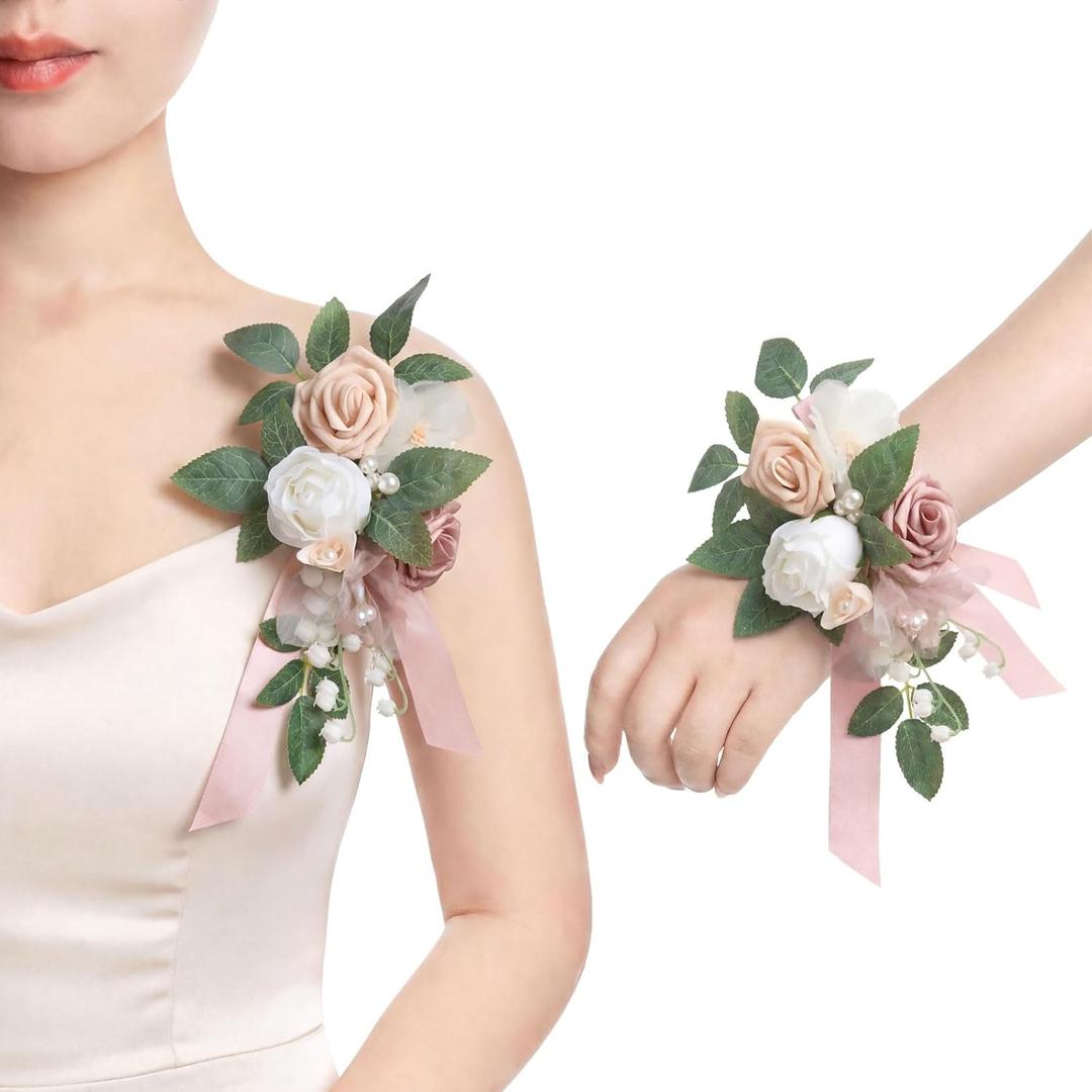 Ling's moment 2pcs Wedding Shoulder Corsage Artificial Flowers, Girl/Mother Homecoming/Prom Corsages Wristlet Décor, etc. Dusty Rose White