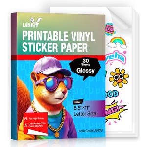 Uinkit 30 Sheets Premium Glossy Printable Vinyl Sticker Paper - Waterproof, Quickly-Dries for Pet Photos & Kids Crafts, Tear-Resistant Decals for Inkjet & Laser Printers (Letter Size 8.5"x11")