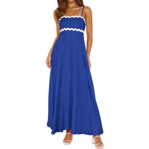 PRETTYGARDEN Womens Spaghetti Strap Maxi Dresses 2025 Summer Casual Sleeveless Smocked Boho A Line Long Flowy Beach Sundress (Blue, S)