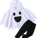 Noubeau Toddler Baby Boys Girls Halloween Costume Ghost Cloak Hooded Top Black Pants Boo Spooky Ghost Costume Cosplay Clothes (7-8 Years)