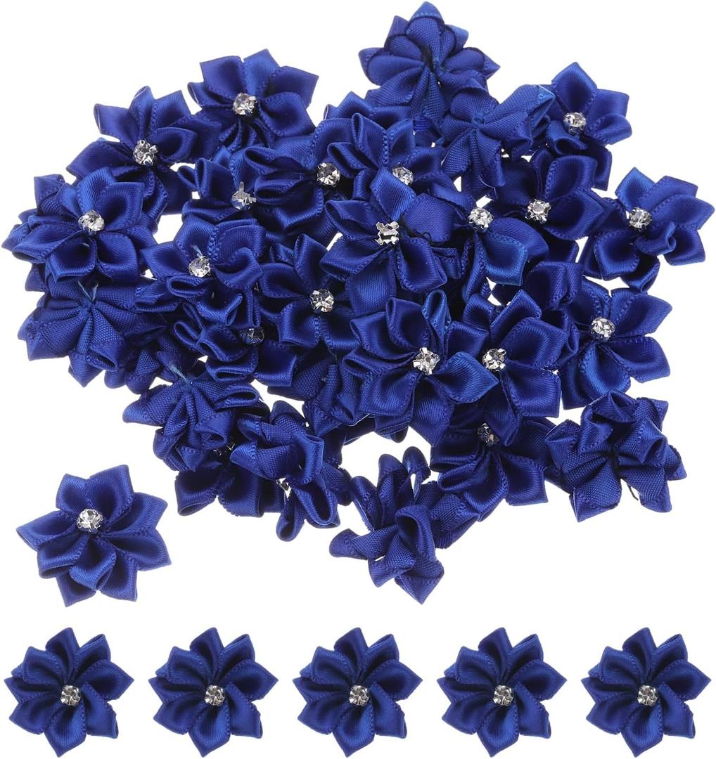 PATIKIL 1.2 Inch Small Ribbon Flowers, 100 Pcs Satin Ribbon Flowers Mini Fabric Flowers for Crafts DIY Wedding Ornament Appliques, Dark Blue