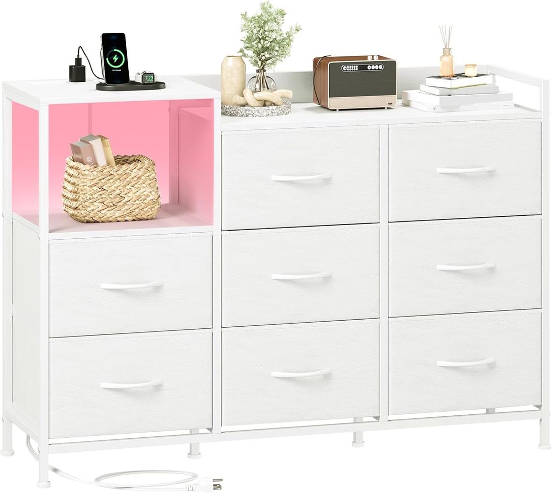 Somdot White Dresser for Bedroom with 8 Drawers, Wide Fabric Night Stand for Storage and Organization with Fabric Bins, Chest of Drawers for Bedroom Chest of Drawers for Living Room Entryway