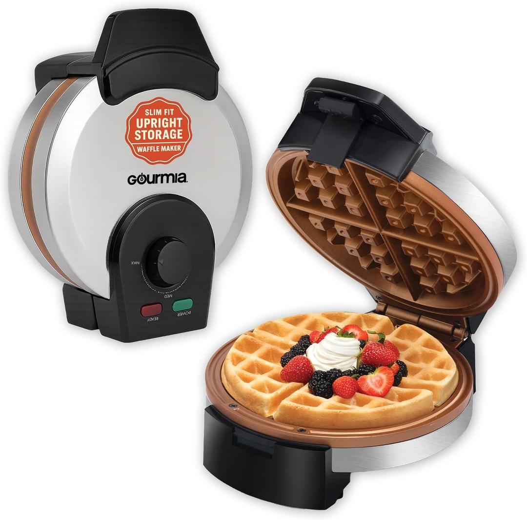Gourmia Belgian Waffle Maker – Compact Design with Upright Storage, Adjustable Browning, and Easy-Clean Nonstick Ceramic Plates, Stainless Steel
