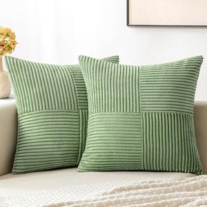 MIULEE Sage Green Corduroy Pillow Covers Pack of 2 Boho Decorative Spliced Throw Pillow Covers Soft Solid Couch Pillowcases Cross Patchwork Textured Cushion Covers for Living Room Bed Sofa 16x16 inch