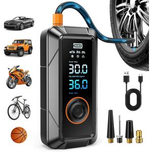 Tire Inflator Portable Air Compressor, Cordless & 12V DC Air Inflator for Car Bikes Motorcycle Tires Balls with Auto Shut-Off, Digital Pressure Gauge, Compact Emergency Pump
