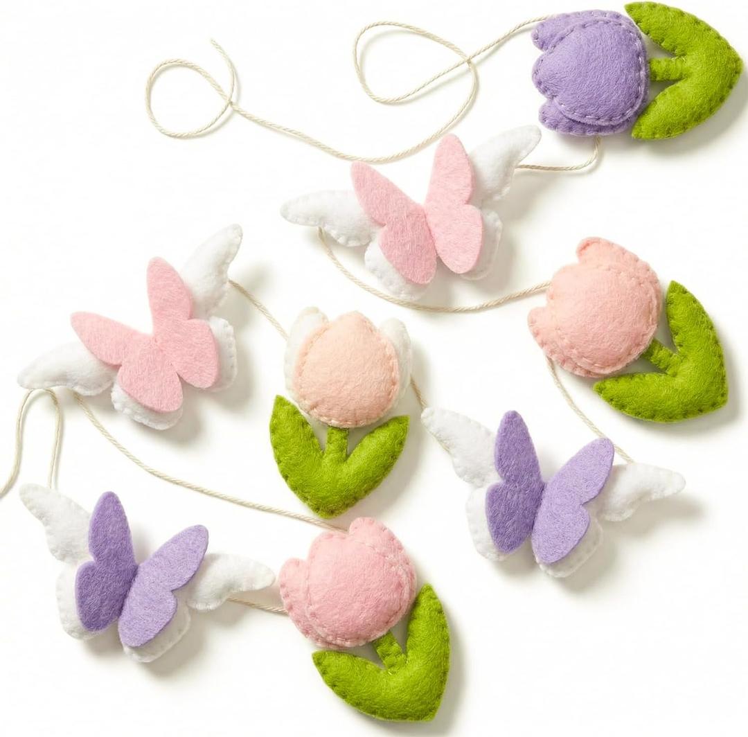 SmoothNovelty Spring Felt Garland Easter Decorations for Home 4.9 ft Felt Tulip Flower Butterfly Garland Handmade Hanging Banner for Mantel Easter Spring Floral Baby Shower Birthday Party Wall Decor