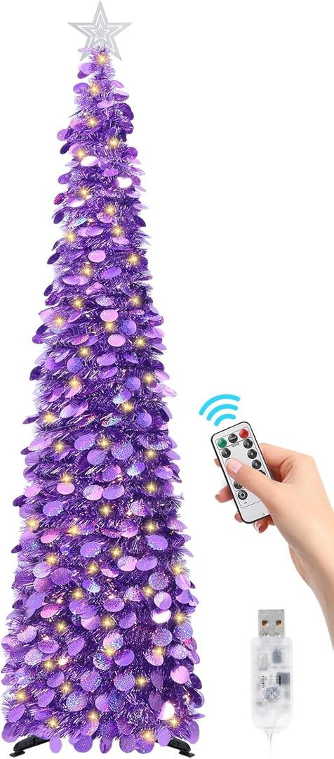 6 FT Pop Up Christmas Tree with 100 LED Timer Lights & Remote, Purple Collapsible Christmas Tinsel Tree Artificial Pencil Tree Xmas Decoration for Holiday Home Office Party, USB Powered
