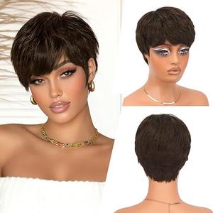 PEACOCO Pixie Cut Wig Human Hair Short Wigs for Black Women Natural Straight Glueless Pixie Wig with Bangs Layered Virgin Short Wigs for Women Color 2# (244)