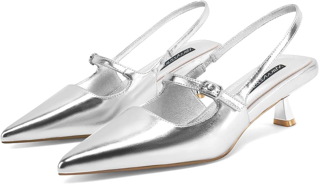 MIRAAZZURRA Slingback Kitten Heels Pumps Pointed Toe Low Heel Slip On Dress Shoes with Buckle Strap for Dating Party Working (5.5, Silver)