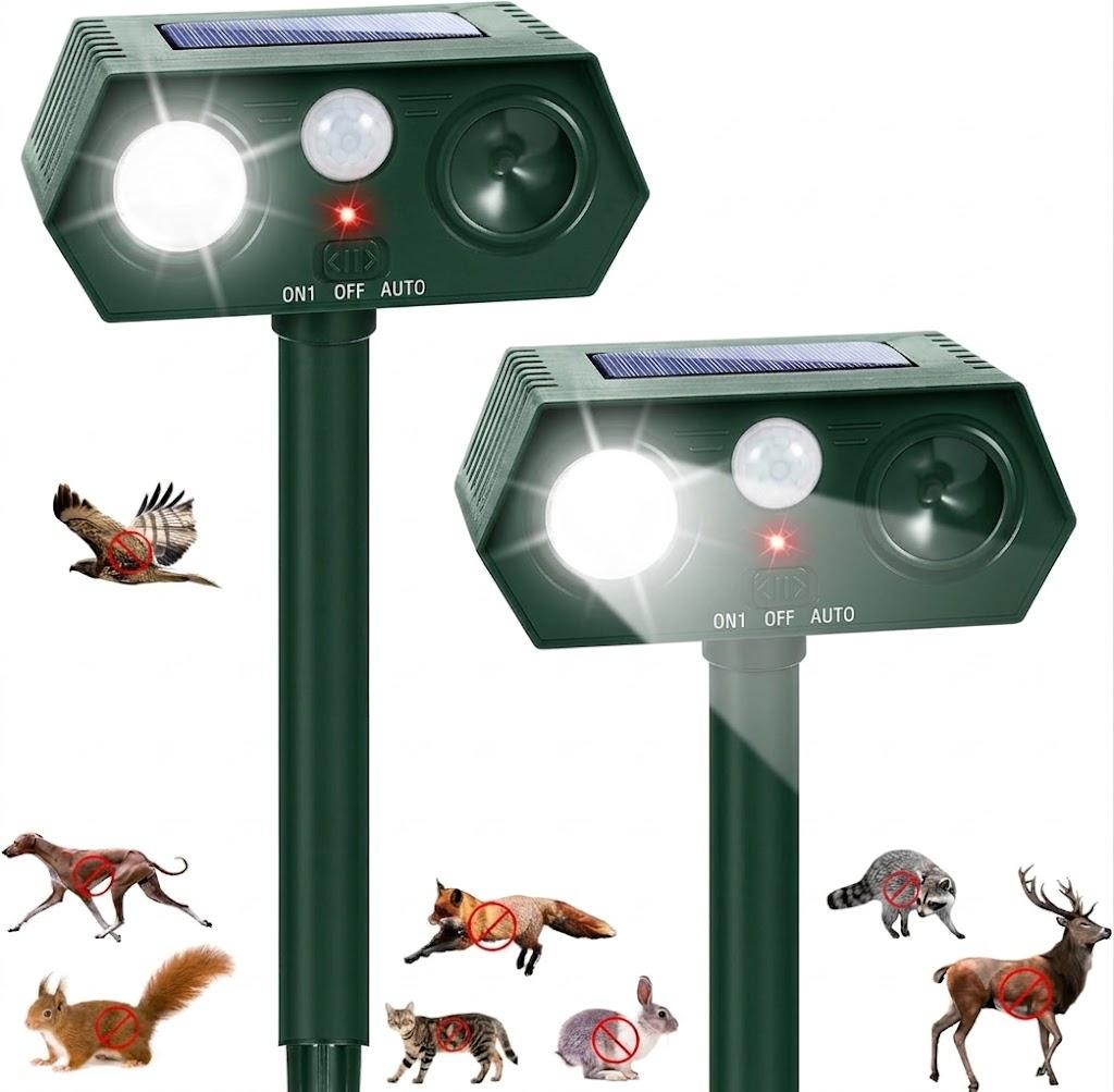 Sonic Fortress Pro Deer Repellent Devices Solar Ultrasonic Animal Repellent Outdoor with Motion Sensor & Flashing Light Cat Squirrel Deterrent to Keep Racoon Rabbit Out of Yard & Garden 2 Pack