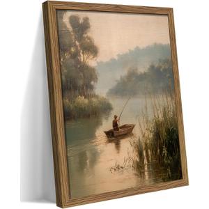 Wood Framed Vintage Fishing Wall Art, Country Fisherman Landscape Canvas Wall Decor Paintings, Retro Country Farmhouse Posters Prints Pictures for Boy Room Bedroom Living Room Home Decor 16x24 Inch
