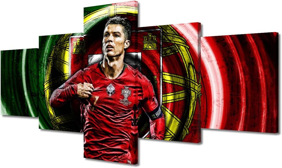 TUMOVO Canvas Wall Art 5 Pieces Cristiano Ronaldo Posters Famous Football Superstar Picture Portuguese Professional Football Player Canvas Decor for Living Room Prints Framed Ready to Hang 50x24 in